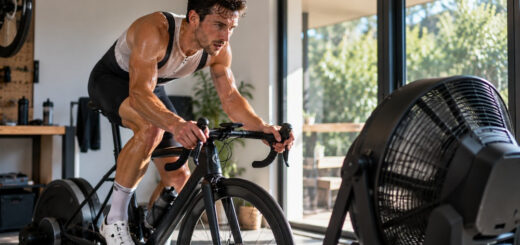 Ciclista entrenando en rodillo con un ventilador potente delante