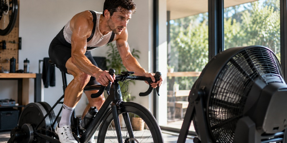 Ciclista entrenando en rodillo con un ventilador potente delante